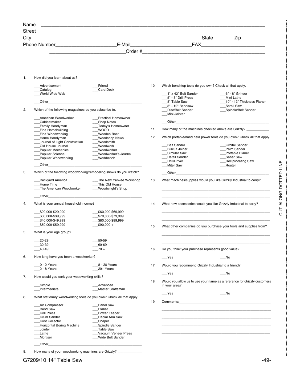 Warranty card, Order, Cut along dotted line | Grizzly Professional Cabinet G7209 User Manual | Page 51 / 52