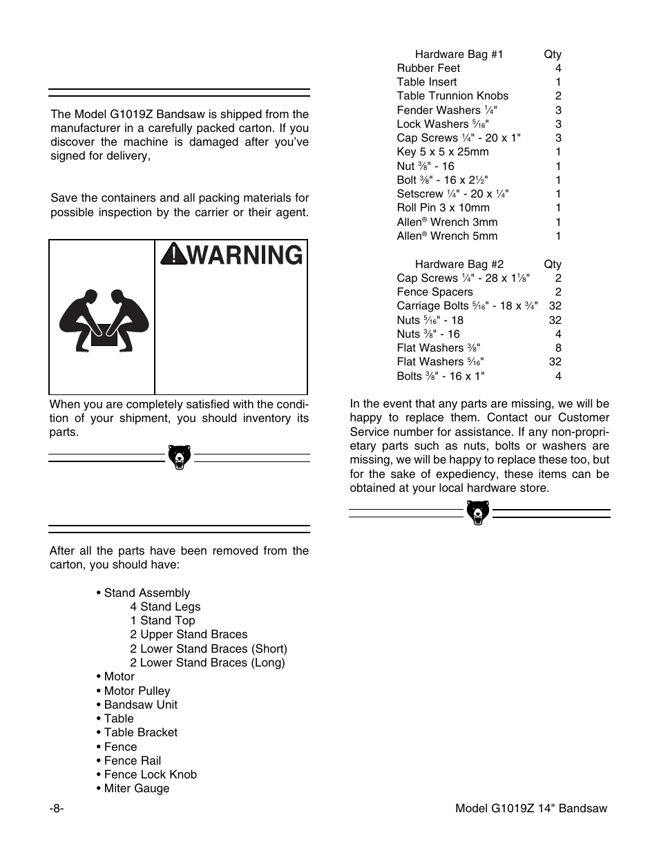 Unpacking, Piece inventory | Grizzly G1019Z User Manual | Page 10 / 44
