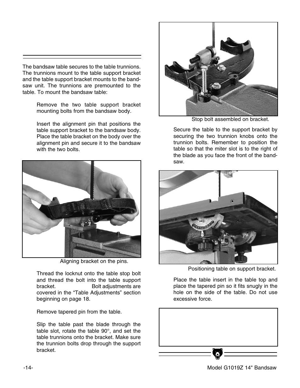 Table and table support bracket, Notice | Grizzly G1019Z User Manual | Page 16 / 44