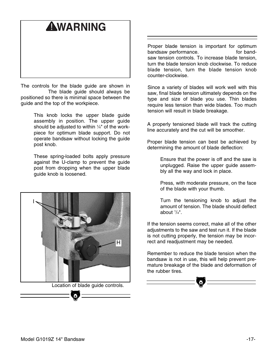 Blade tension | Grizzly G1019Z User Manual | Page 19 / 44