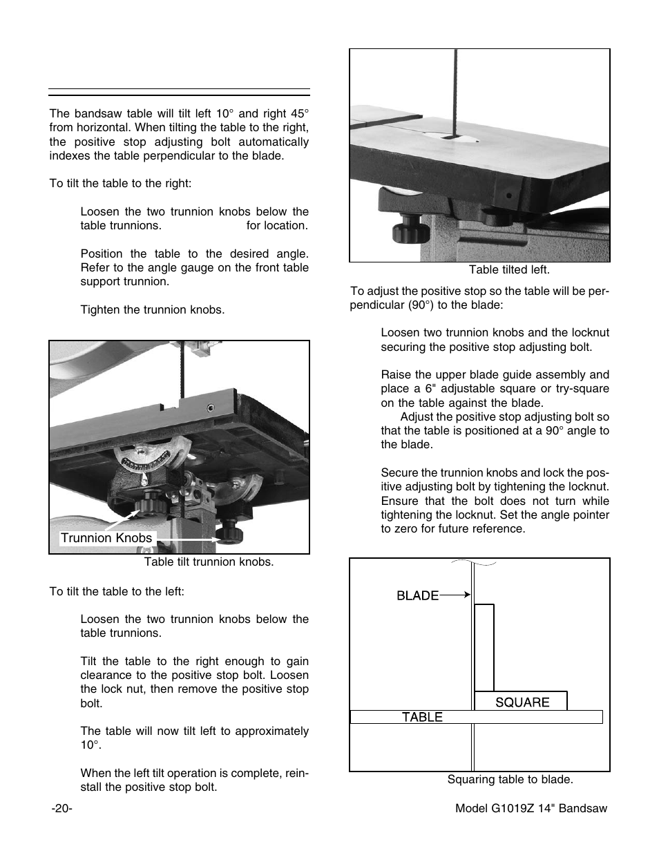 Table adjustments | Grizzly G1019Z User Manual | Page 22 / 44