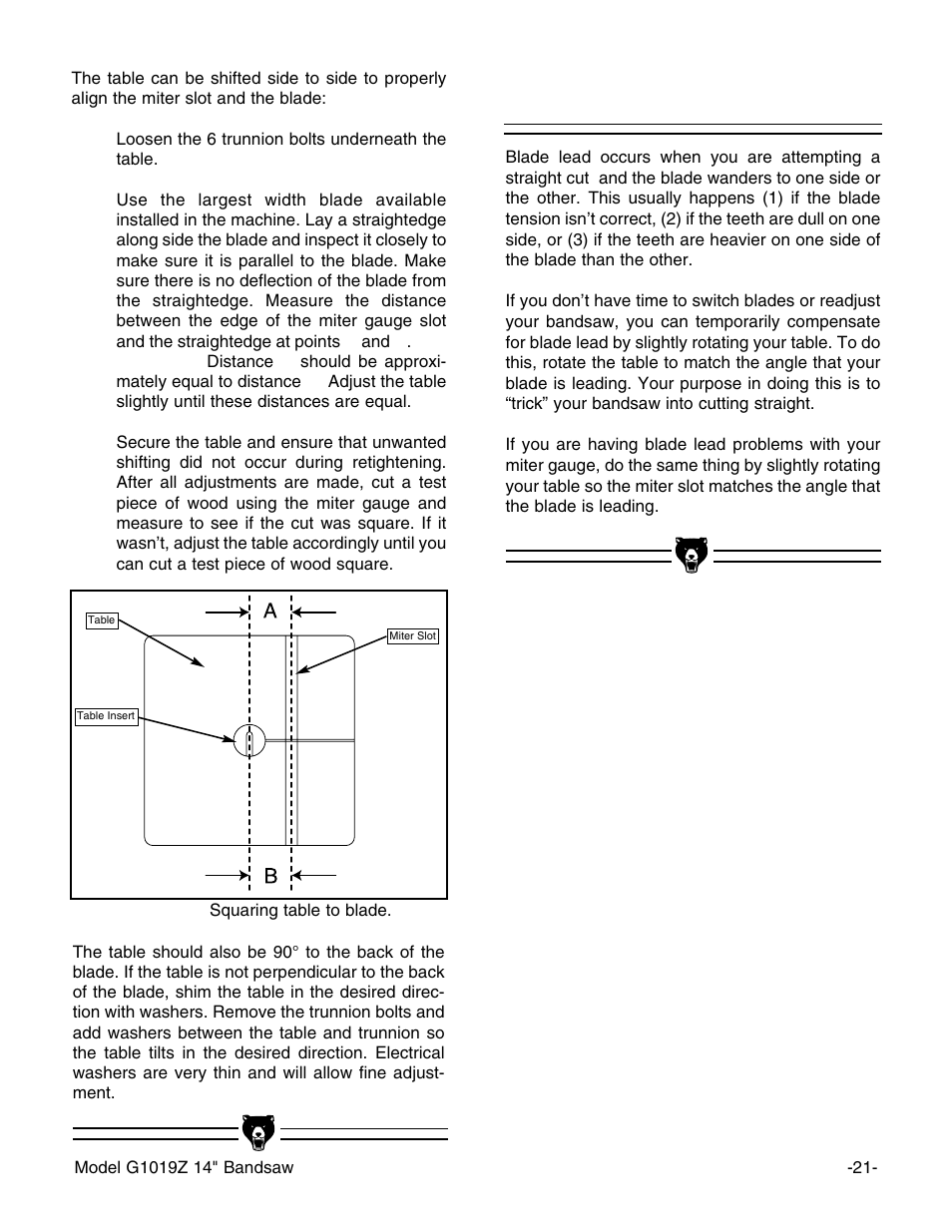 Blade lead | Grizzly G1019Z User Manual | Page 23 / 44