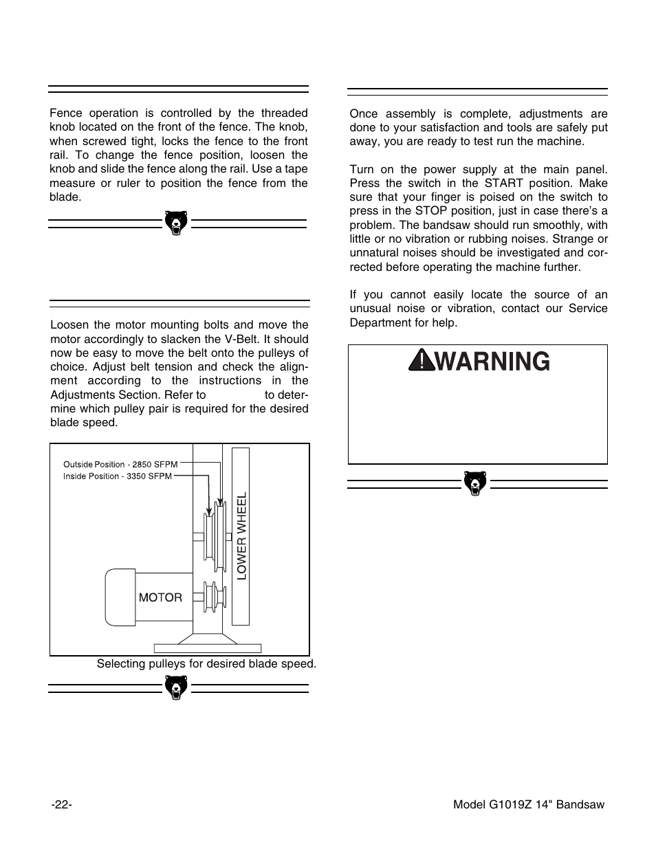 Speed changes fence adjustment, Test run | Grizzly G1019Z User Manual | Page 24 / 44