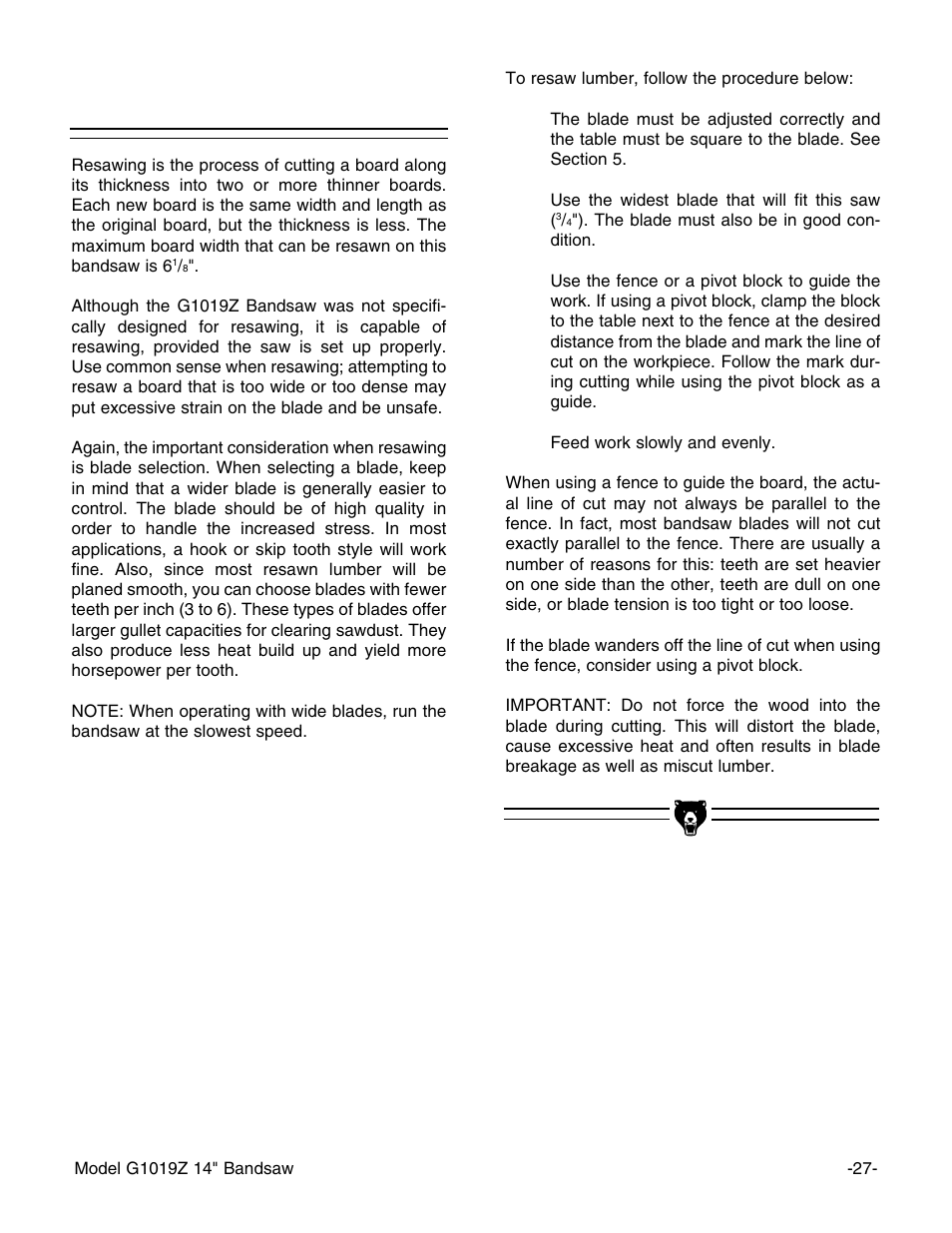 Resawing | Grizzly G1019Z User Manual | Page 29 / 44