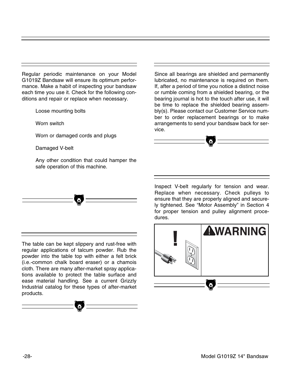 Bearings v-belt, General table | Grizzly G1019Z User Manual | Page 30 / 44