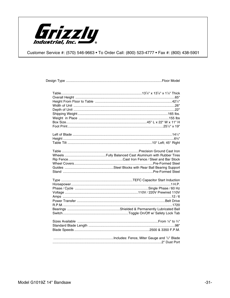 Machine data sheet | Grizzly G1019Z User Manual | Page 33 / 44