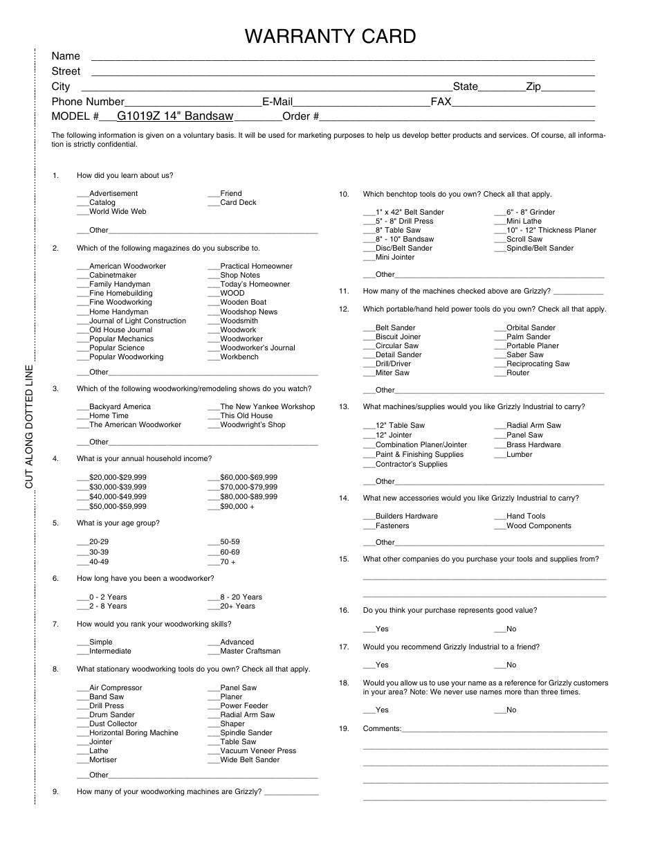 Warranty card, Order, Cut along dotted line | Grizzly G1019Z User Manual | Page 41 / 44