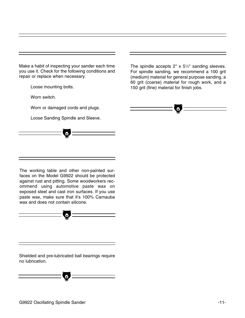 General, Lubrication sander tables sanding sleeves | Grizzly G9922 User Manual | Page 13 / 22