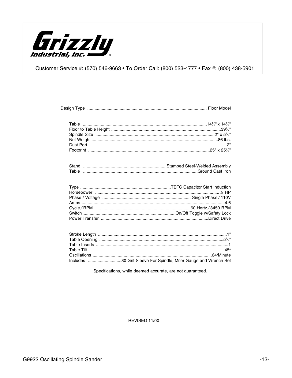 Machine data sheet, Grizzly model g9922 oscillating spindle sander | Grizzly G9922 User Manual | Page 15 / 22