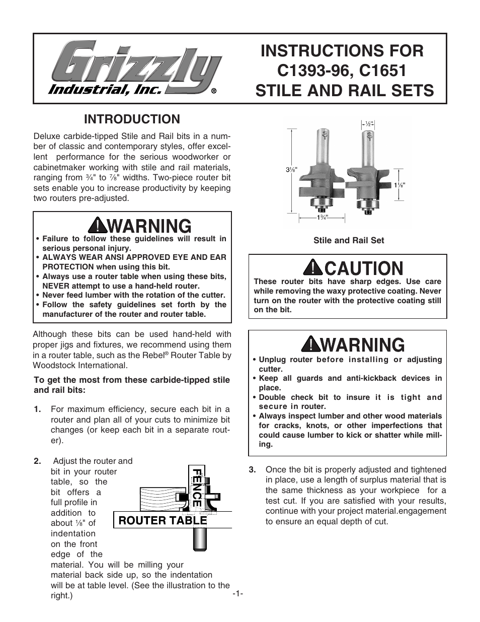 Grizzly STILE AND RAIL SETS C1393-96 User Manual | 2 pages