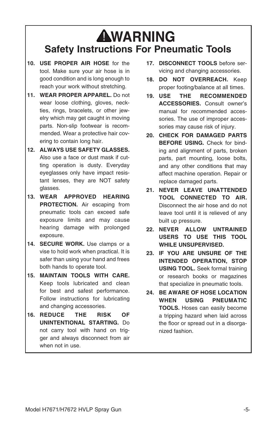 Safety instructions for pneumatic tools | Grizzly H7671 H7672 User Manual | Page 5 / 24