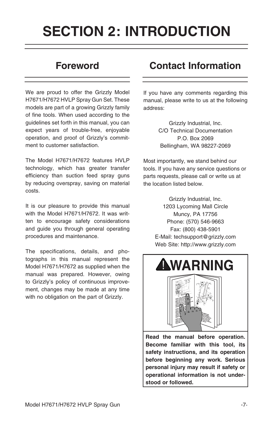 Foreword contact information | Grizzly H7671 H7672 User Manual | Page 7 / 24