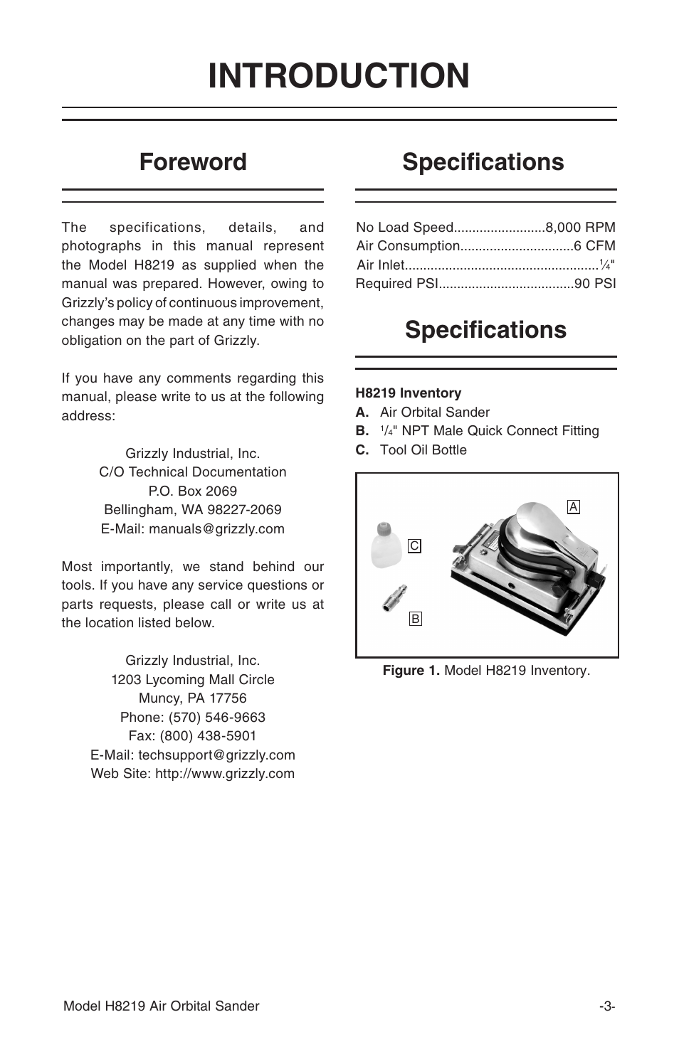 Introduction, Specifications, Foreword | Grizzly H8219 User Manual | Page 5 / 8