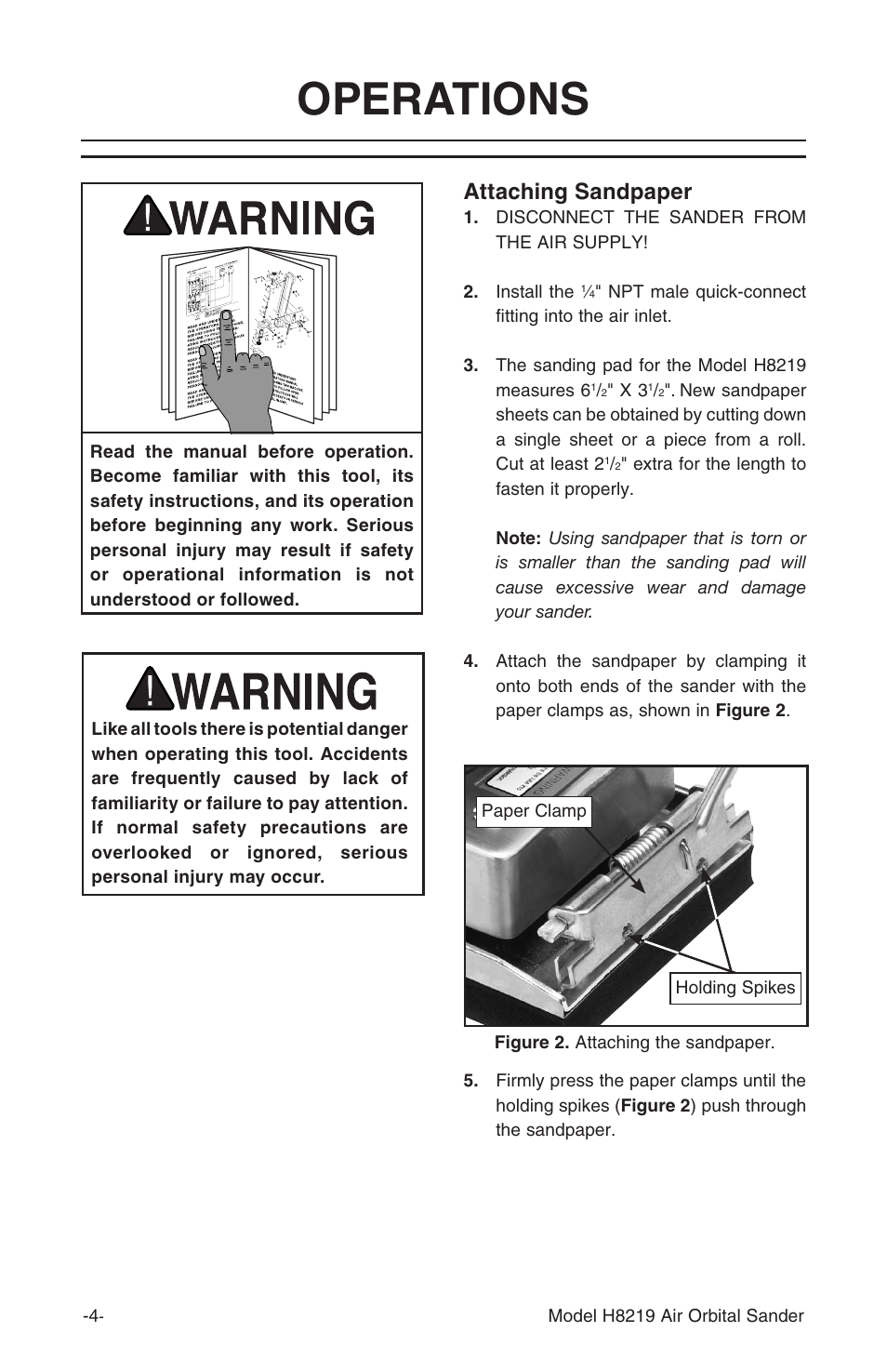 Operations, Attaching sandpaper | Grizzly H8219 User Manual | Page 6 / 8