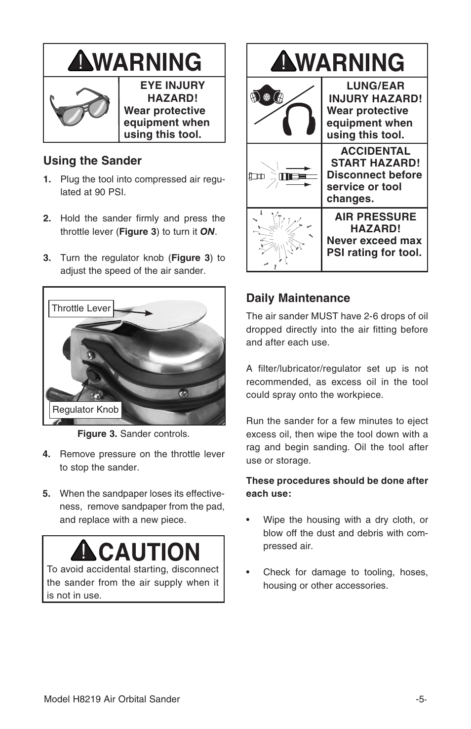 Using the sander, Daily maintenance | Grizzly H8219 User Manual | Page 7 / 8