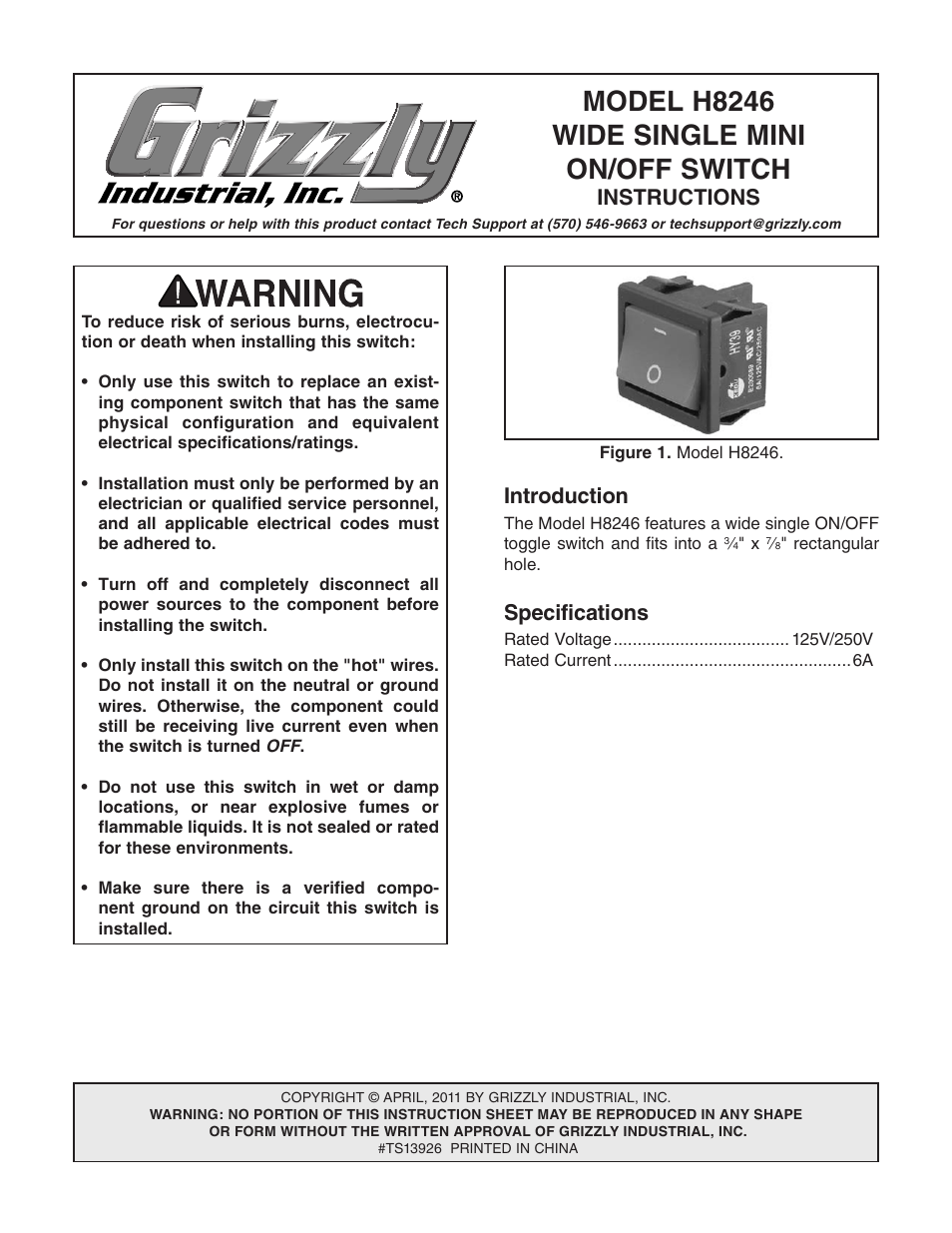 Grizzly Wide Single Mini On/Off H8246 User Manual | 2 pages