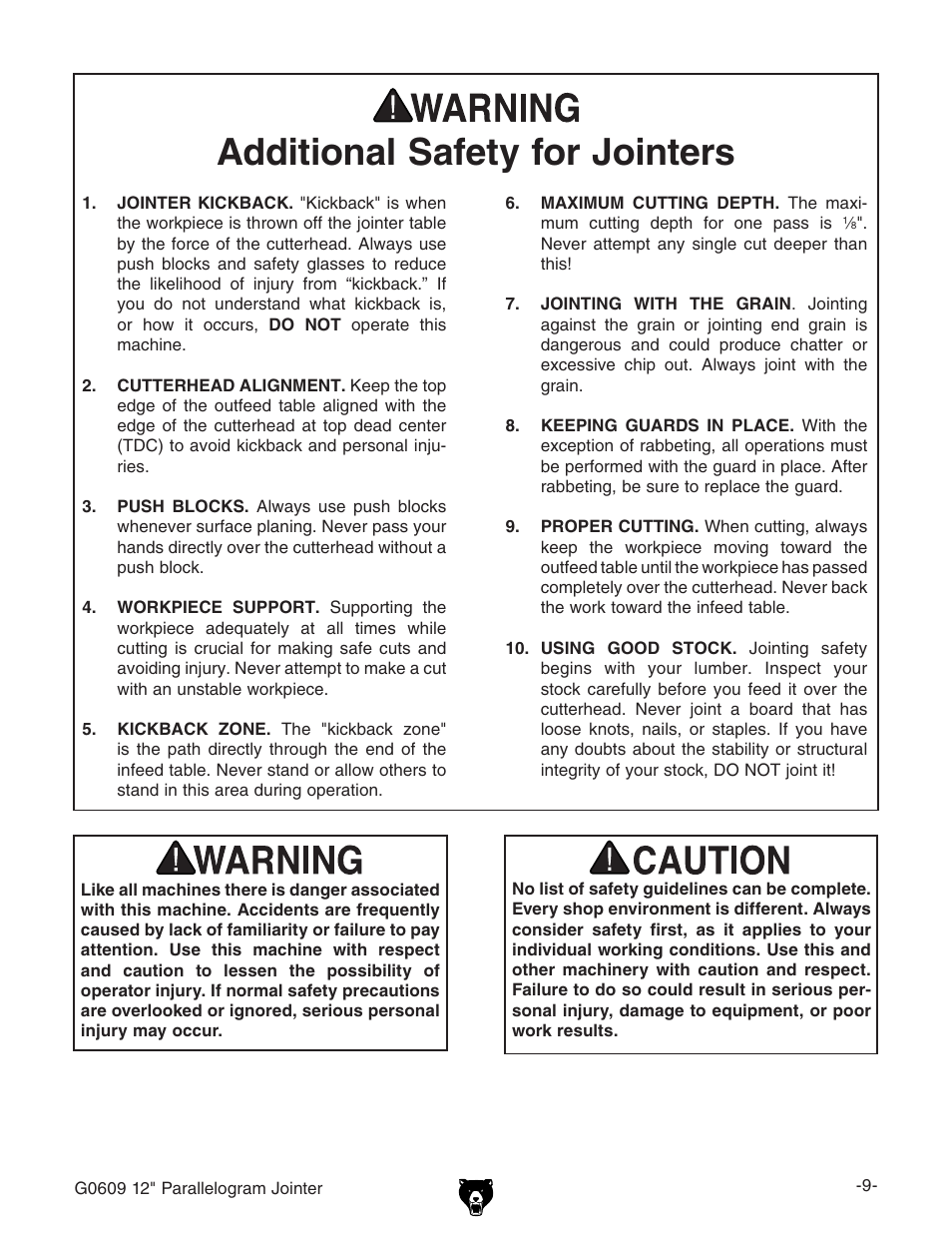 Additional safety for jointers | Grizzly G0609 User Manual | Page 11 / 60