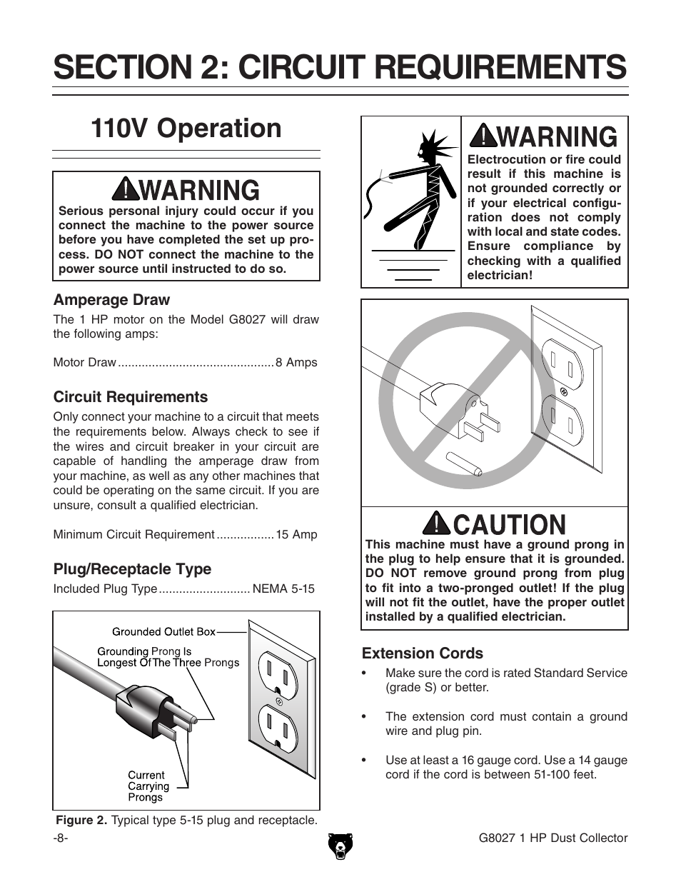 110v operation | Grizzly Model G8027 User Manual | Page 10 / 32