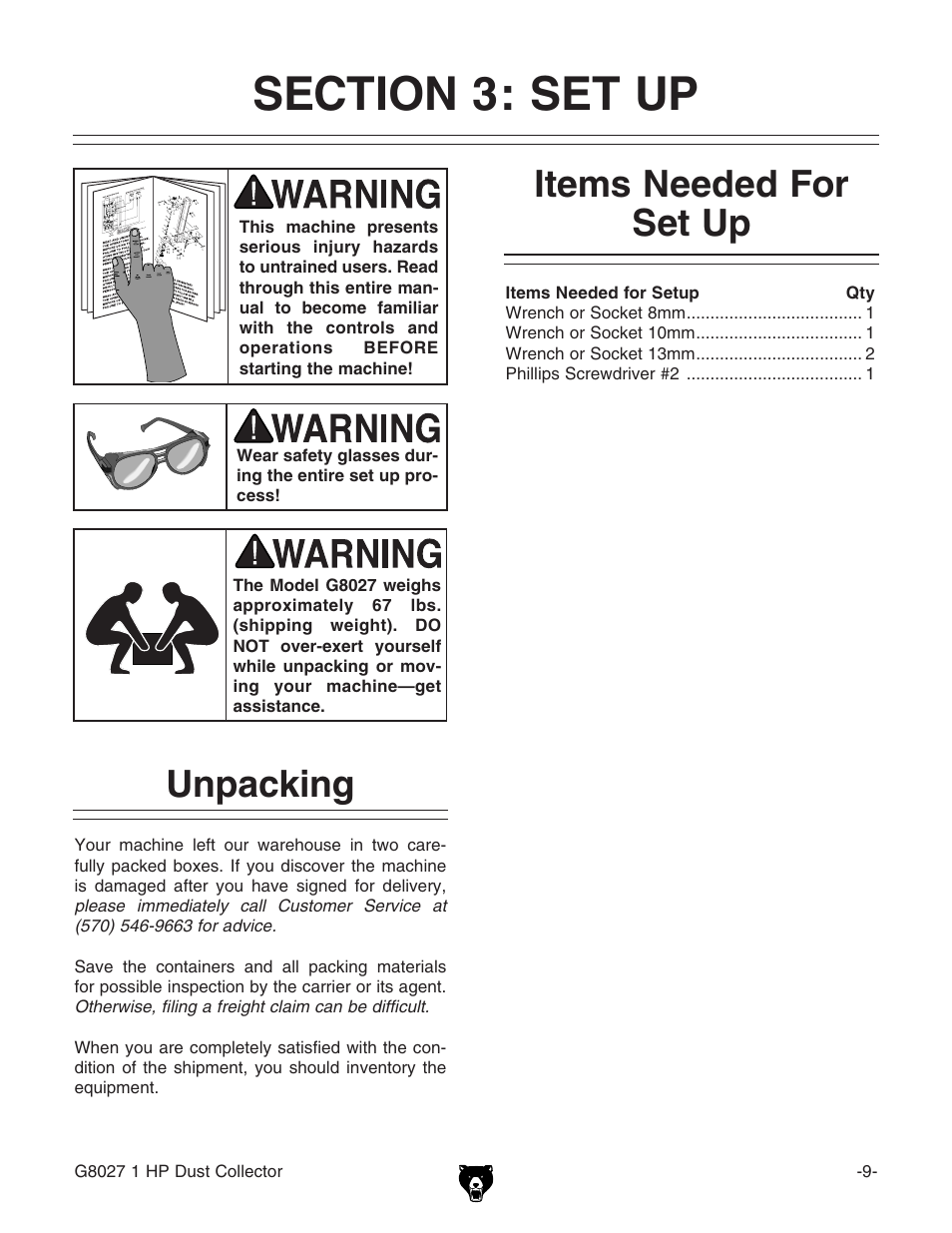 Unpacking, Items needed for set up | Grizzly Model G8027 User Manual | Page 11 / 32