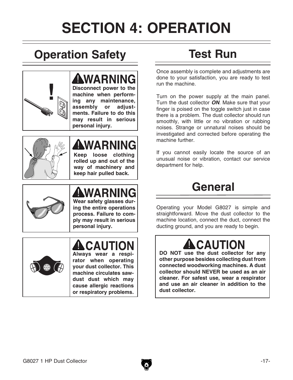 General test run, Operation safety | Grizzly Model G8027 User Manual | Page 19 / 32