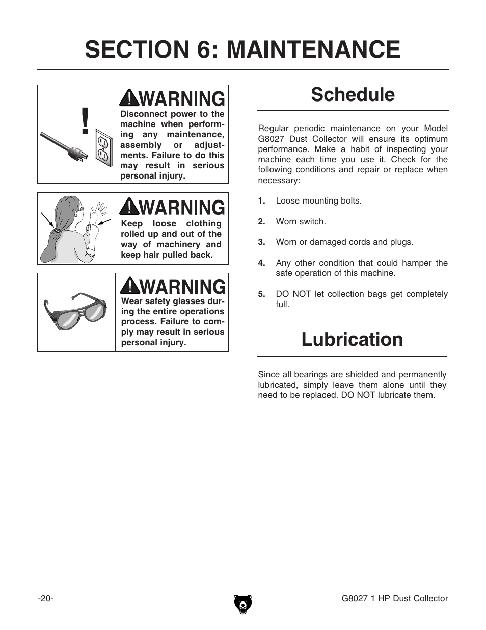 Lubrication schedule | Grizzly Model G8027 User Manual | Page 22 / 32