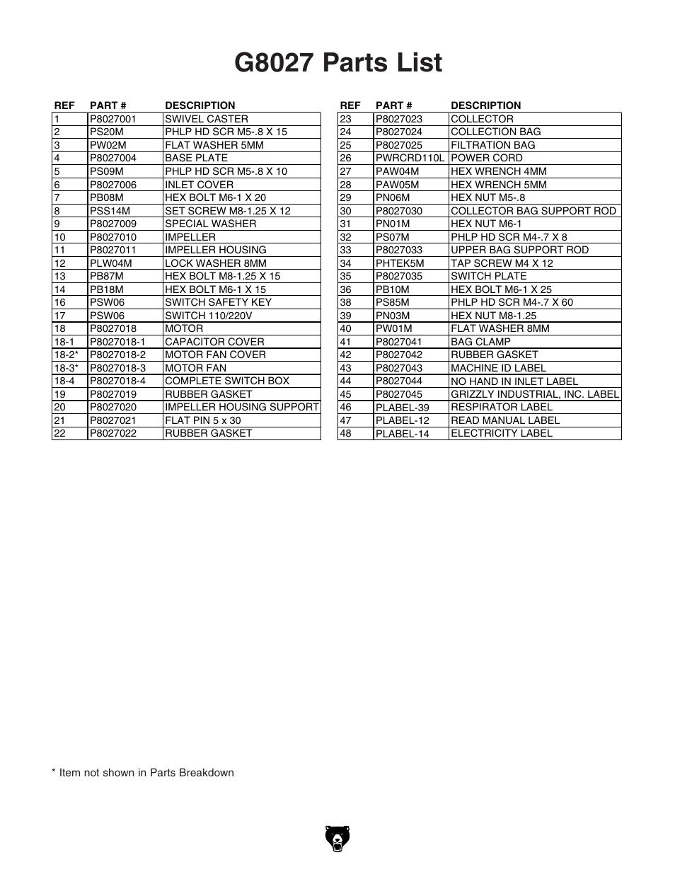 G8027 parts list | Grizzly Model G8027 User Manual | Page 27 / 32