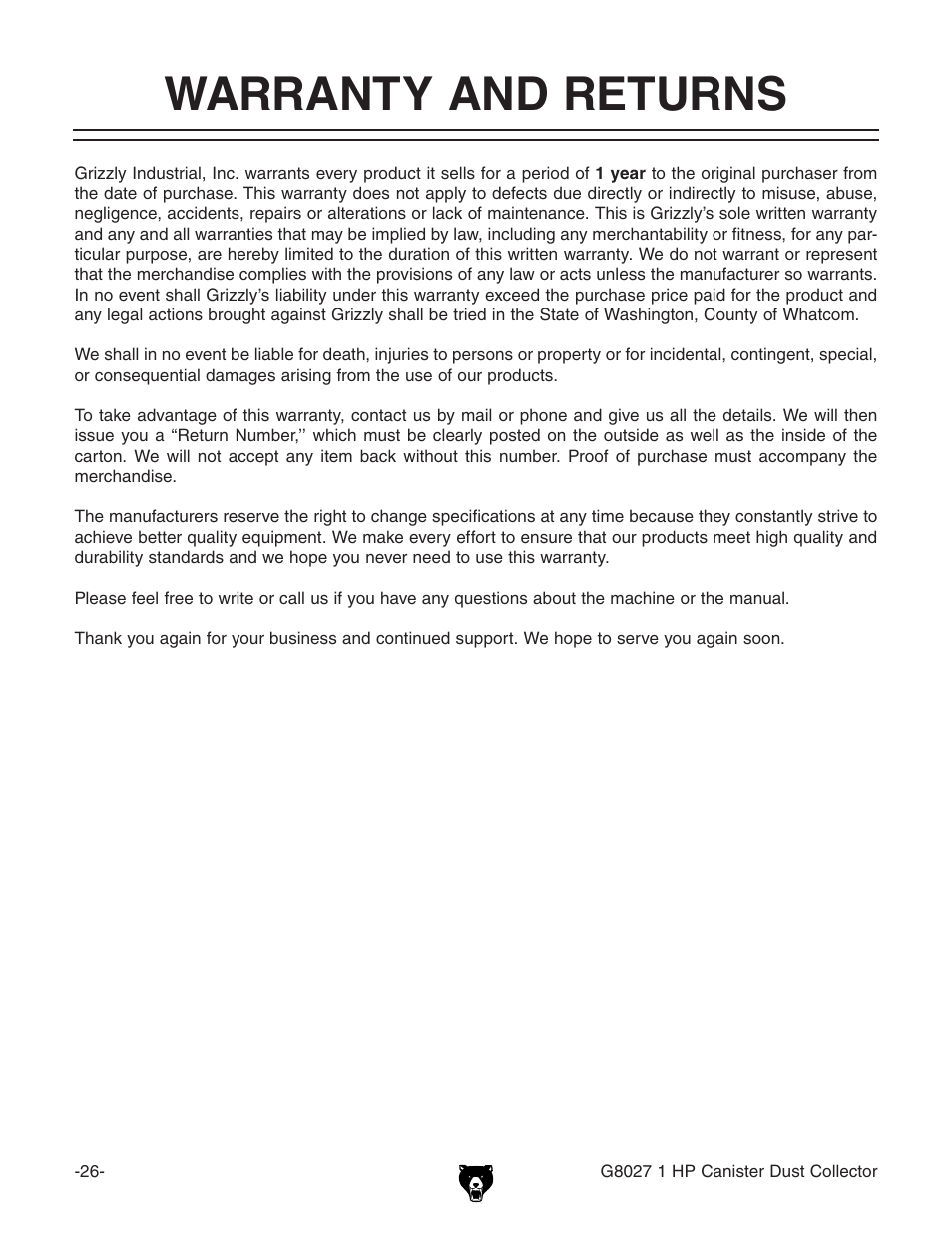 Warranty and returns | Grizzly Model G8027 User Manual | Page 28 / 32