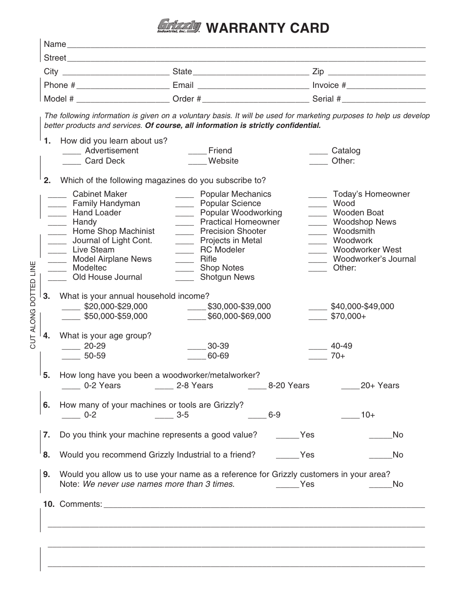 Warranty card | Grizzly Model G8027 User Manual | Page 29 / 32