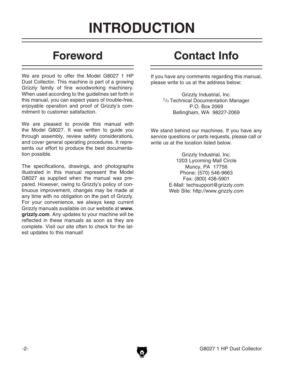 Introduction, Foreword, Contact info | Grizzly Model G8027 User Manual | Page 4 / 32