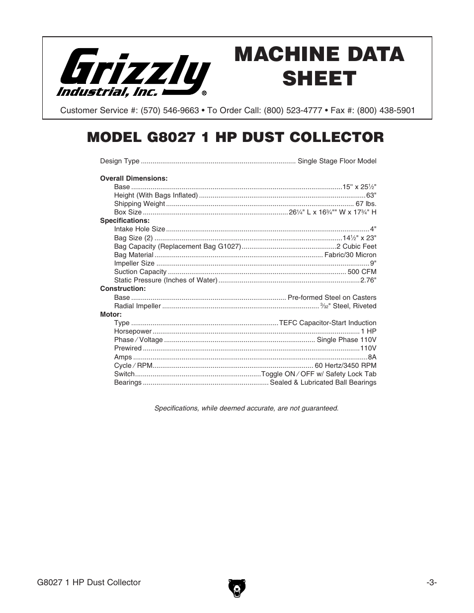 Machine data sheet | Grizzly Model G8027 User Manual | Page 5 / 32