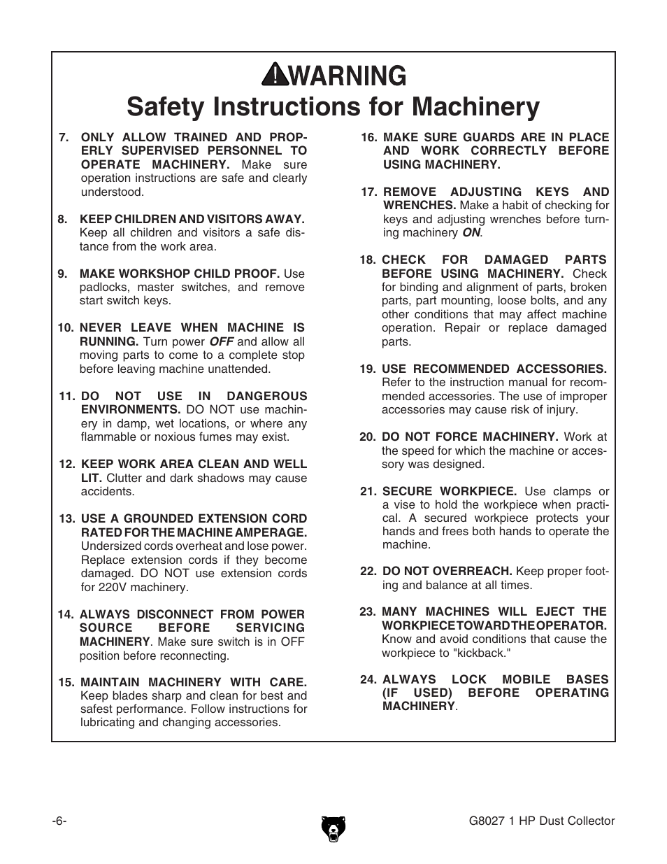 Safety instructions for machinery | Grizzly Model G8027 User Manual | Page 8 / 32