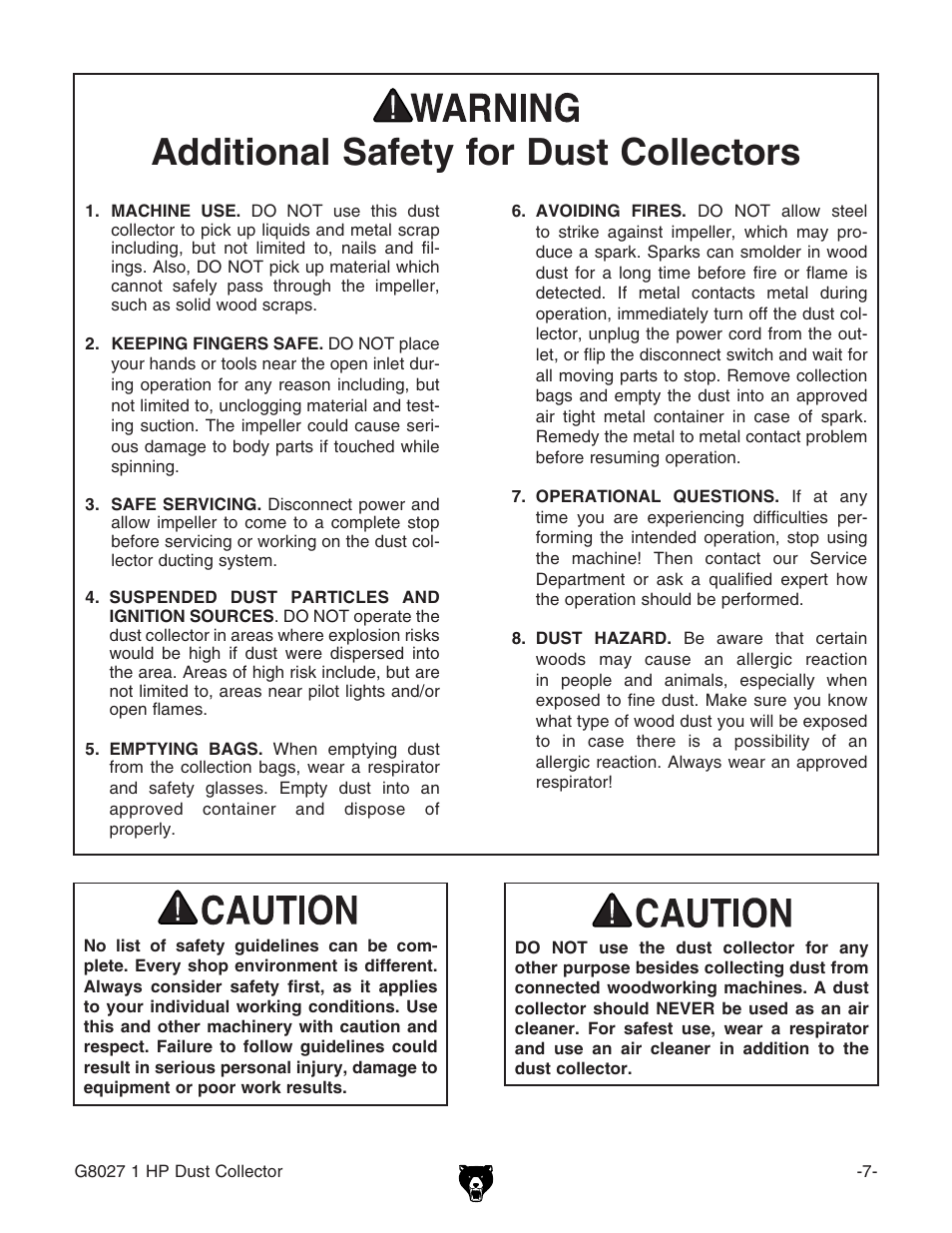 Additional safety for dust collectors | Grizzly Model G8027 User Manual | Page 9 / 32