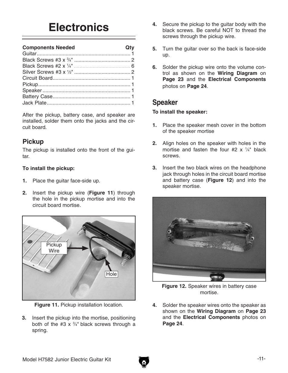 Electronics, Speaker, Pickup | Grizzly H7582 User Manual | Page 13 / 32