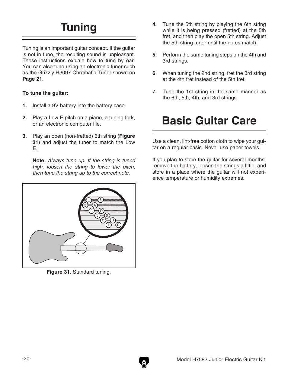 Tuning, Basic guitar care | Grizzly H7582 User Manual | Page 22 / 32