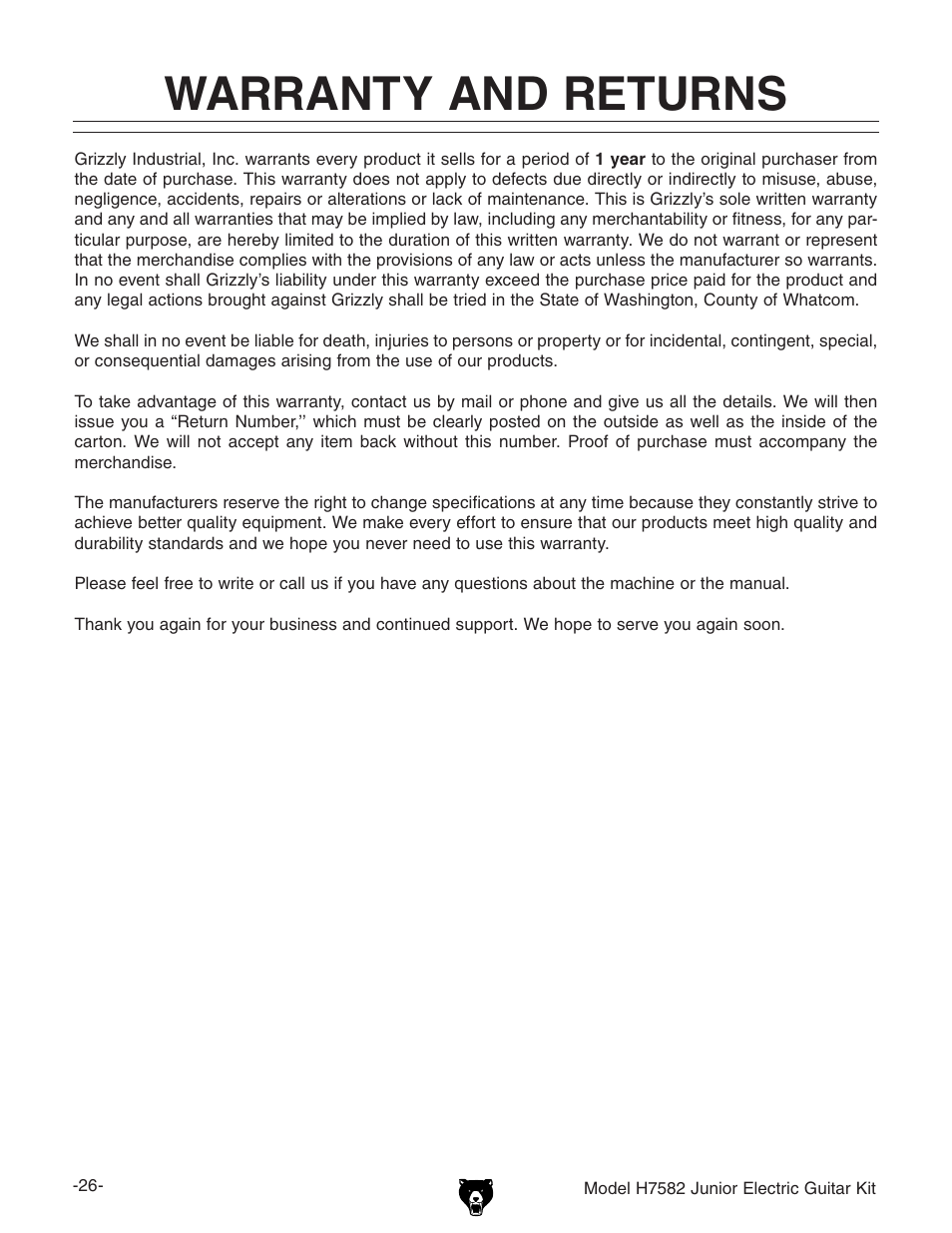 Warranty and returns | Grizzly H7582 User Manual | Page 28 / 32