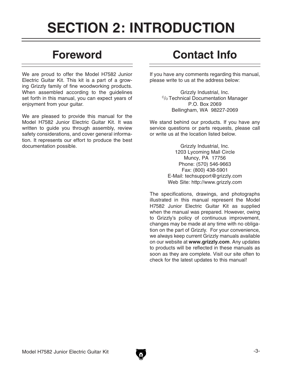 Foreword contact info | Grizzly H7582 User Manual | Page 5 / 32