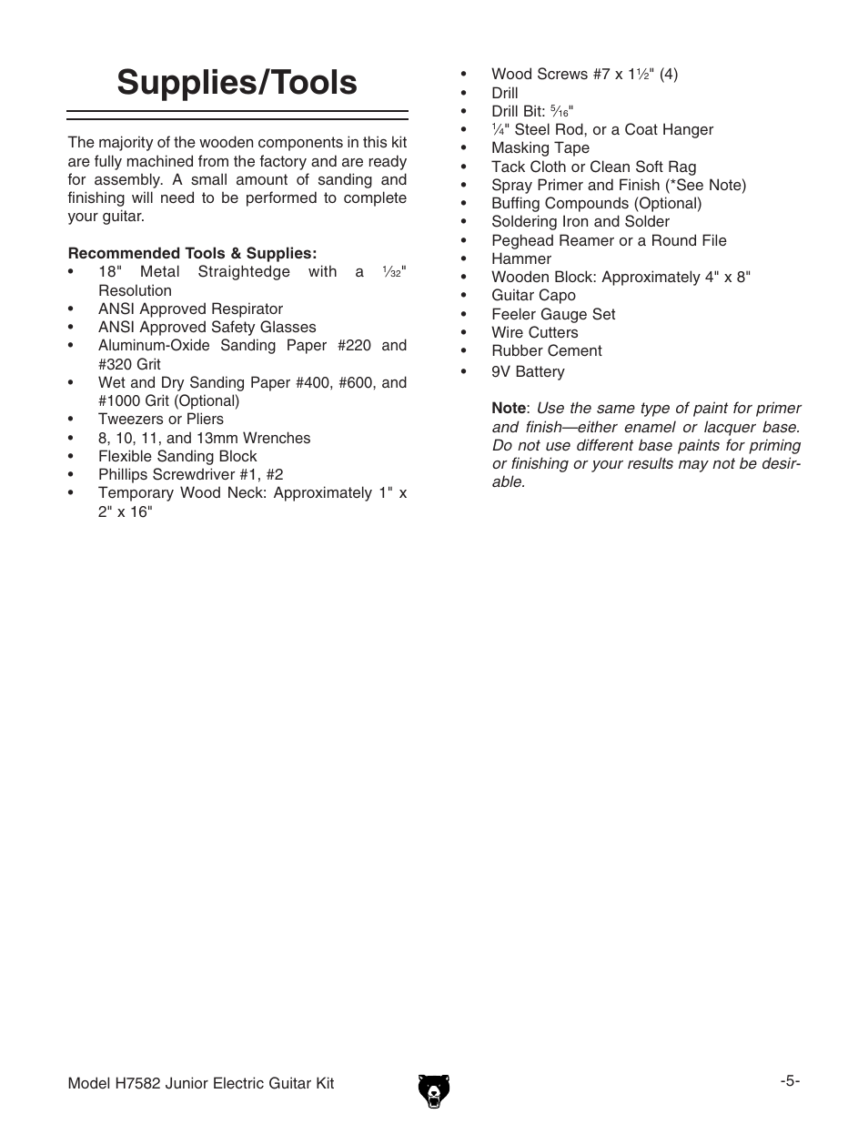 Supplies/tools | Grizzly H7582 User Manual | Page 7 / 32