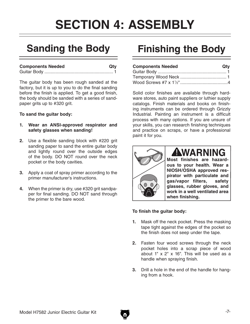 Sanding the body, Finishing the body | Grizzly H7582 User Manual | Page 9 / 32