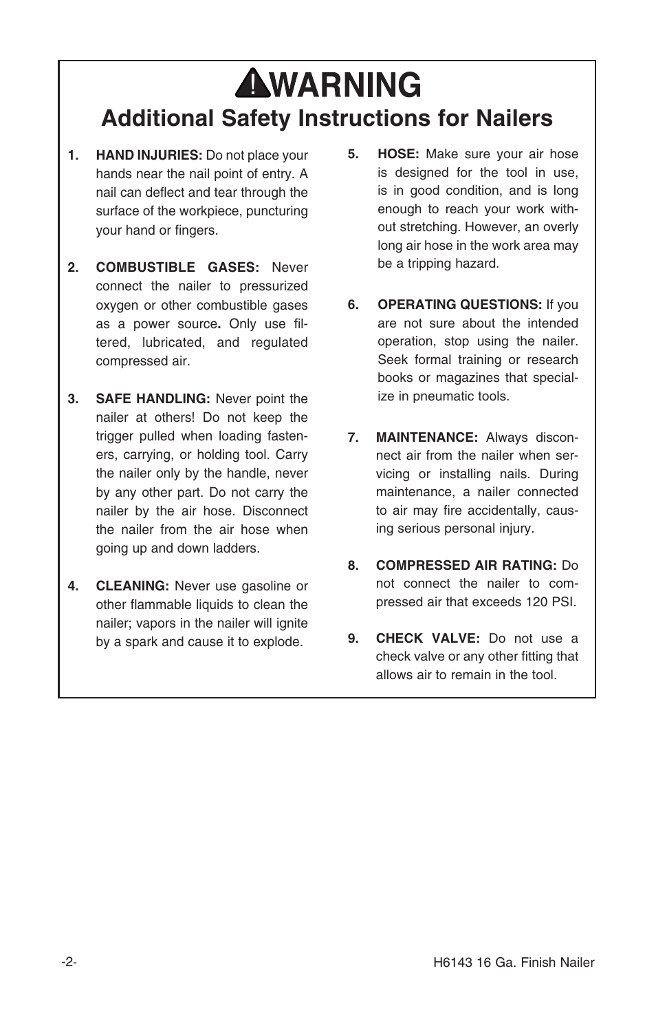Additional safety instructions for nailers | Grizzly 16 Guage Finish Nailer H6143 User Manual | Page 4 / 20