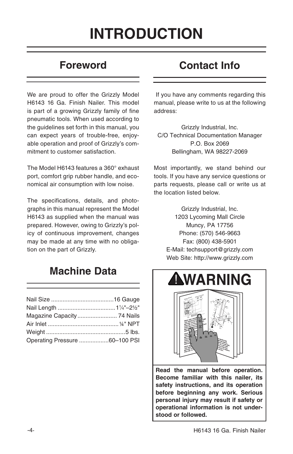 Introduction, Foreword contact info machine data | Grizzly 16 Guage Finish Nailer H6143 User Manual | Page 6 / 20