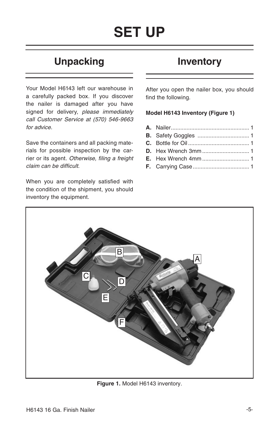 Set up, Unpacking, Inventory | Grizzly 16 Guage Finish Nailer H6143 User Manual | Page 7 / 20