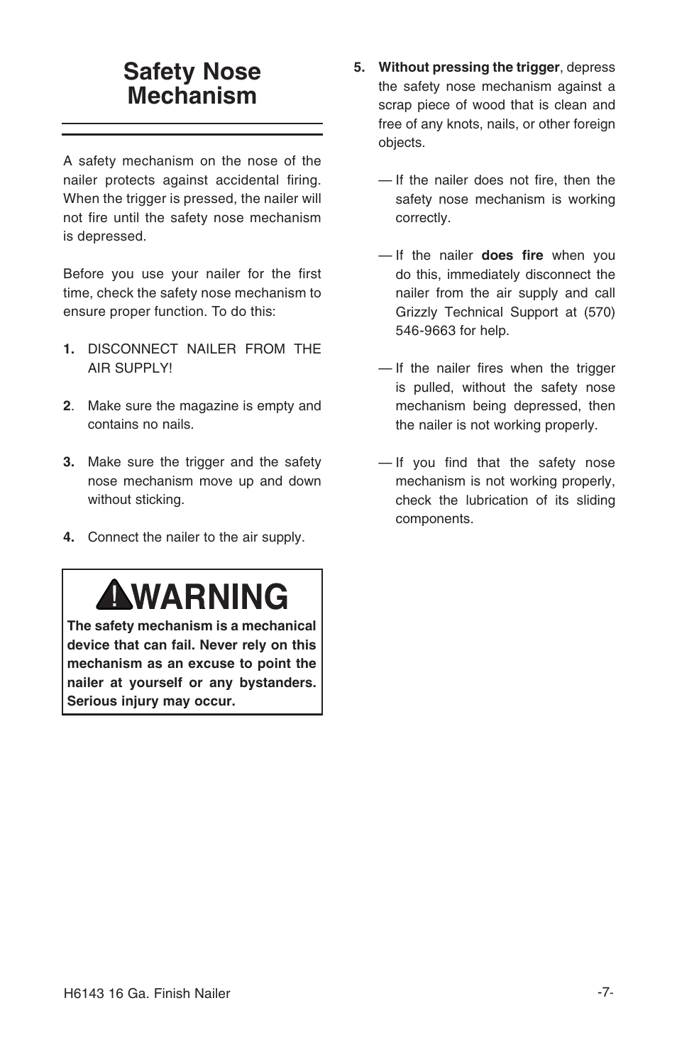 Safety nose mechanism | Grizzly 16 Guage Finish Nailer H6143 User Manual | Page 9 / 20