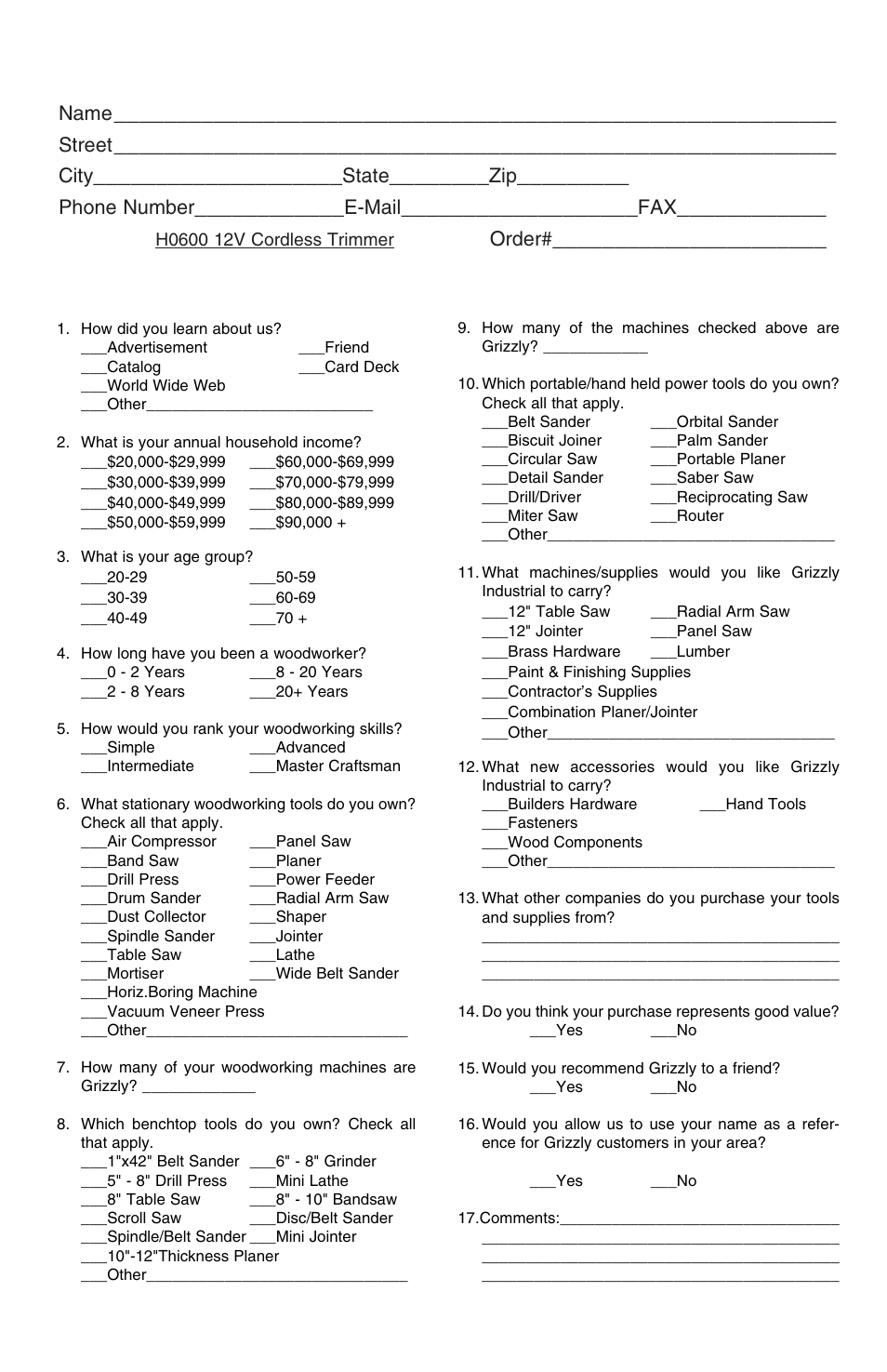 Warranty card, Name, Street | City, State, Phone number, E-mail, Model, Order | Grizzly H0600 User Manual | Page 8 / 9