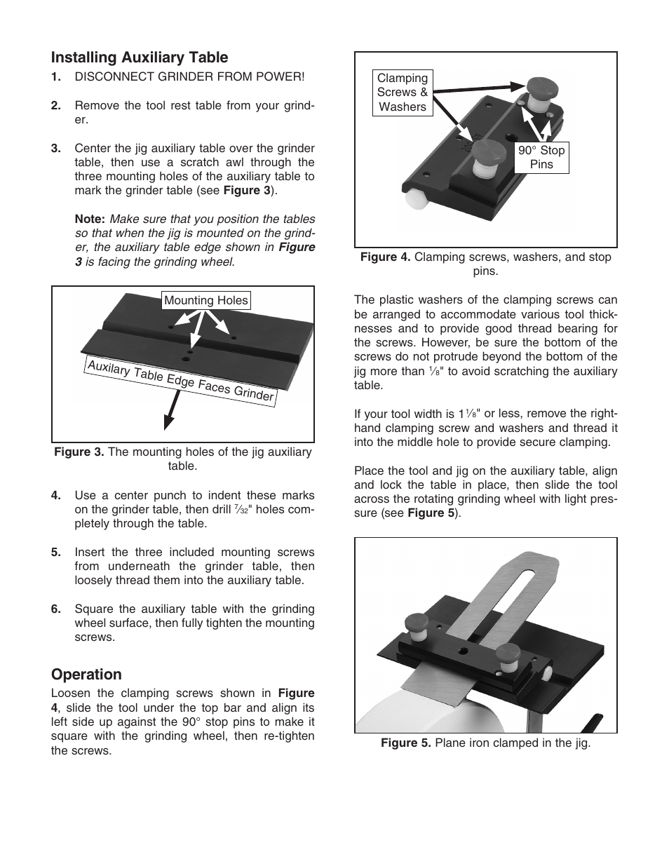 Installing auxiliary table, Operation | Grizzly Grinding Jig G4570 User Manual | Page 2 / 2