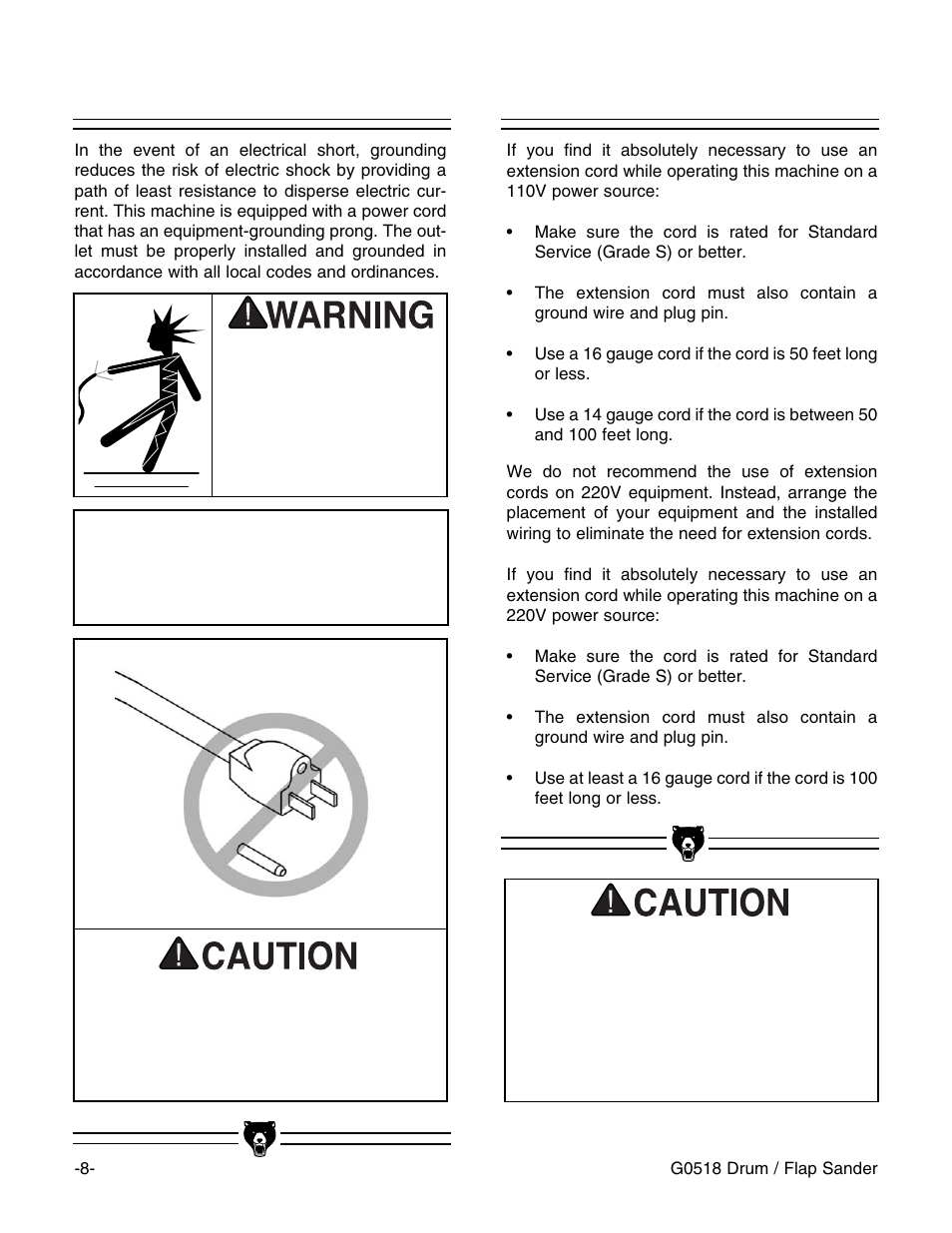 Grounding extension cord, Notice | Grizzly G0518 User Manual | Page 10 / 39