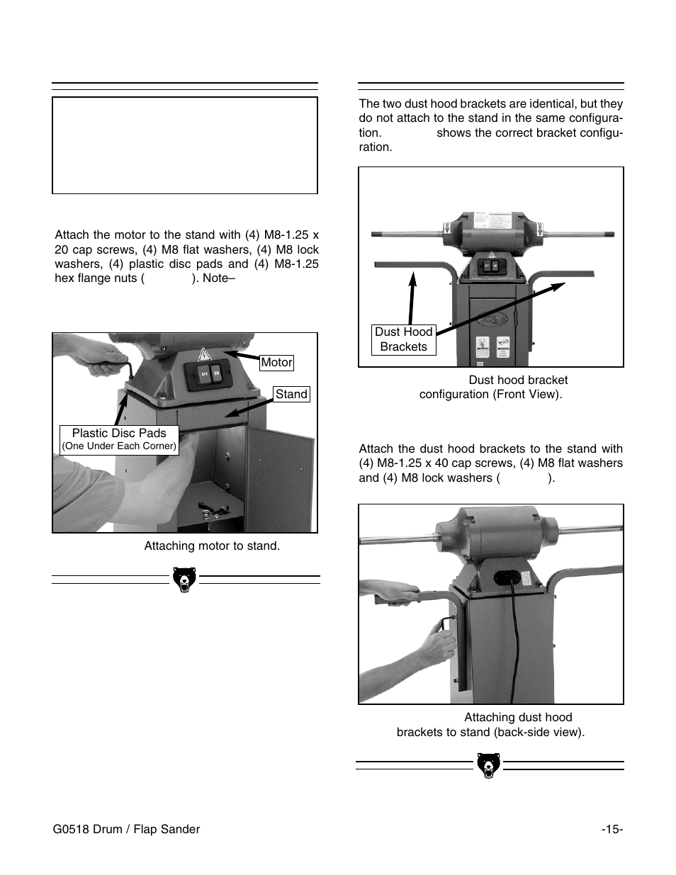 Dust hood brackets motor to stand, Notice | Grizzly G0518 User Manual | Page 17 / 39