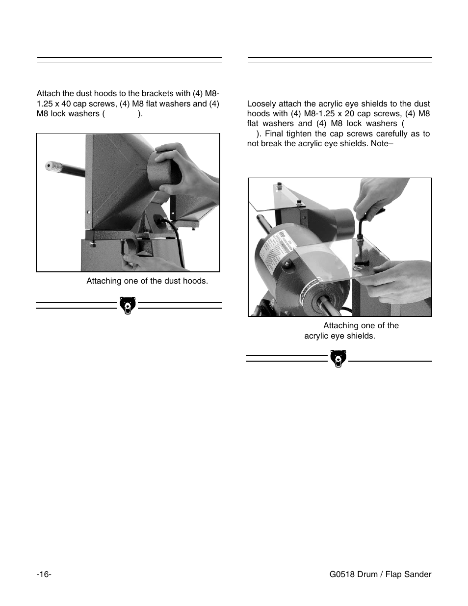 Dust hoods, Acrylic eye shields | Grizzly G0518 User Manual | Page 18 / 39