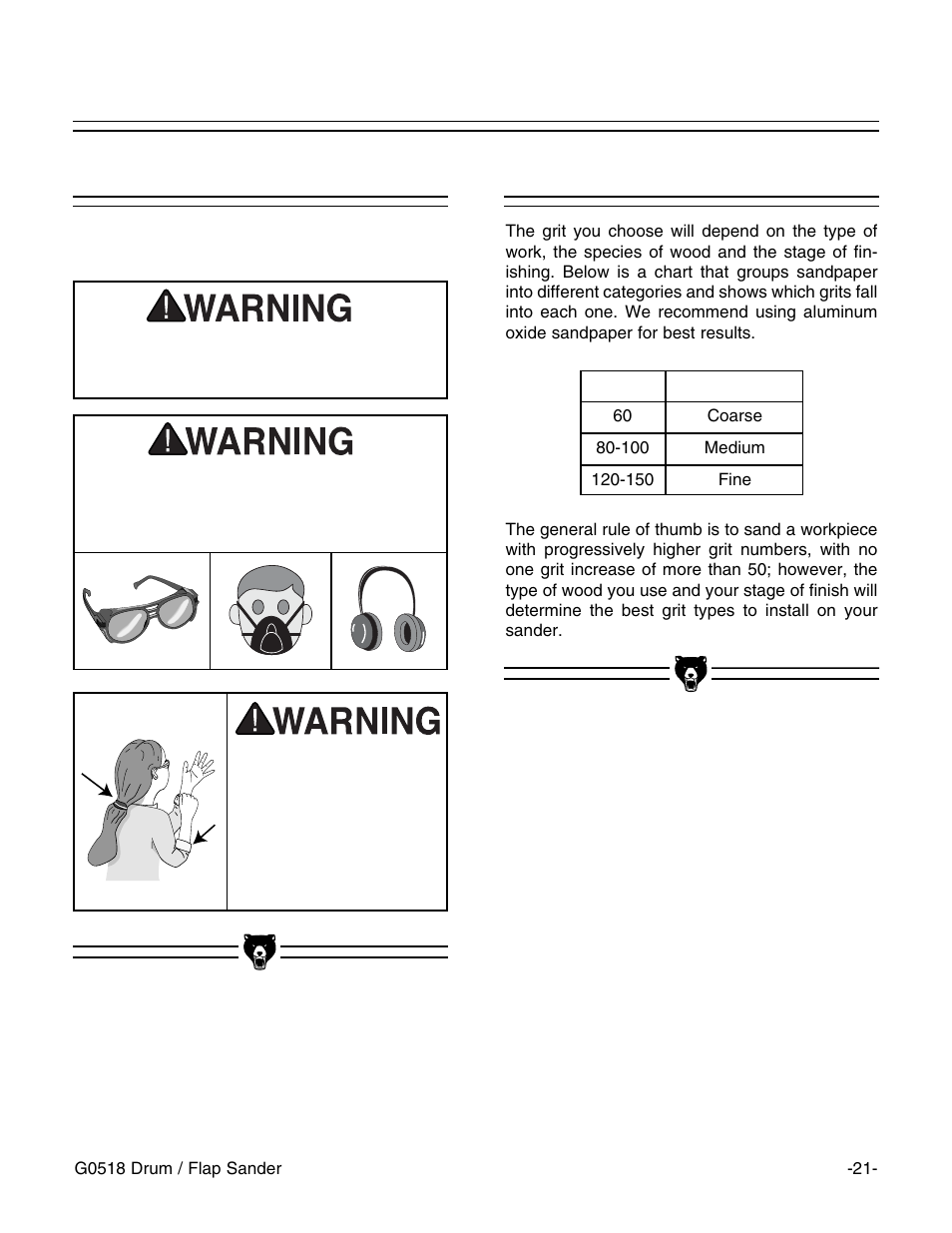 Operation safety choosing sandpaper | Grizzly G0518 User Manual | Page 23 / 39