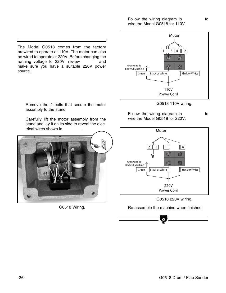 Changing motor voltage | Grizzly G0518 User Manual | Page 28 / 39