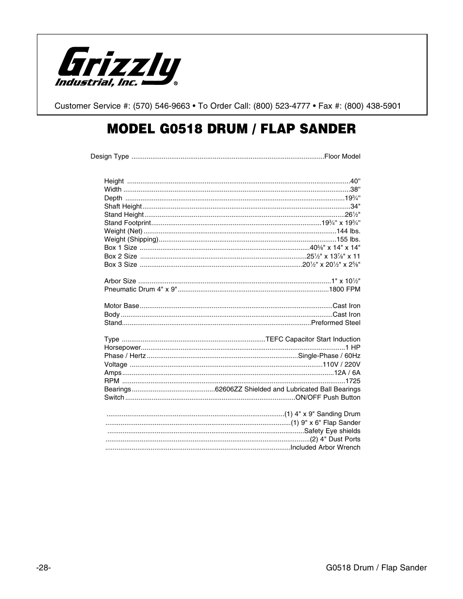 Machine data sheet, Model g0518 drum / flap sander | Grizzly G0518 User Manual | Page 30 / 39